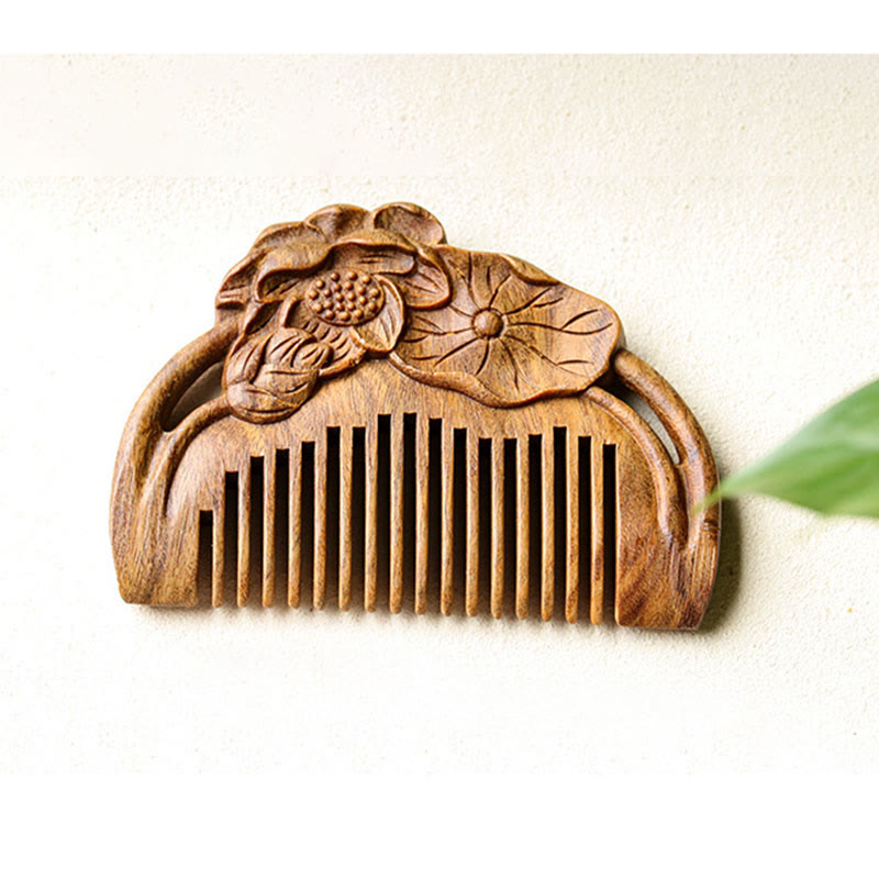 Nimara Ritual Natural Green Sandalwood Lotus Flower Leaf Engraved Soothing Comb