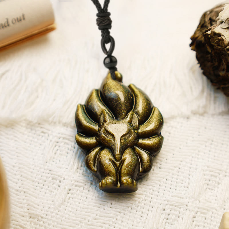 Nimara Ritual Natural Fluorite Gold Sheen Obsidian Fox Pendant Protection Necklace