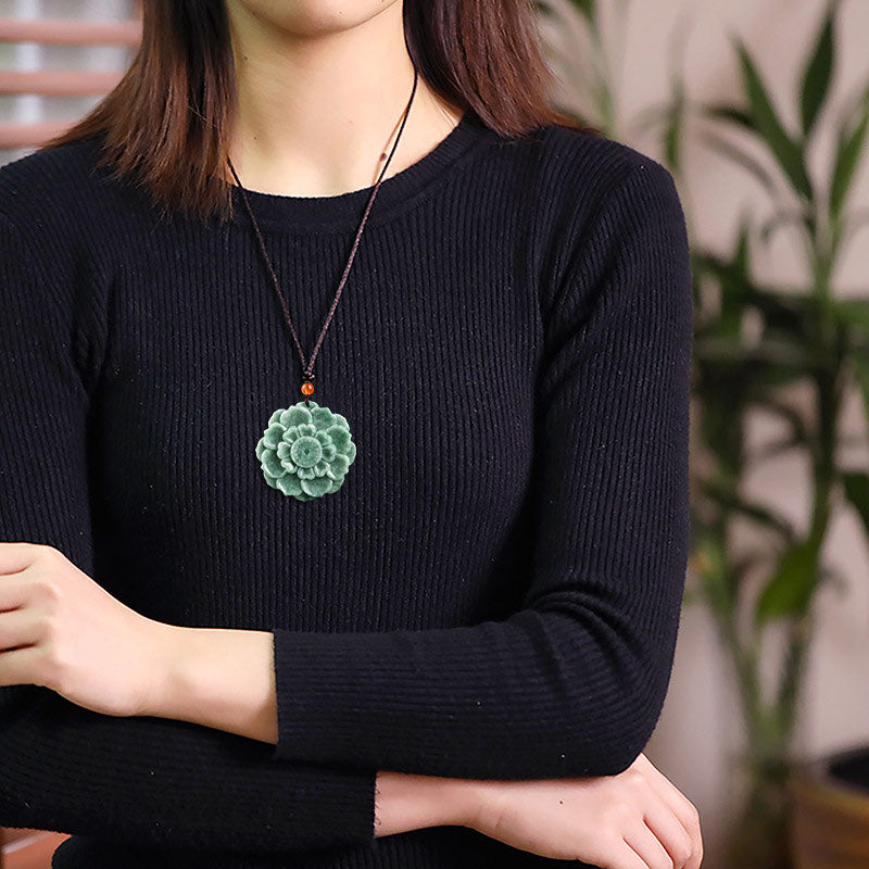 Nimara Ritual Lotus Pattern Jade Luck Prosperity Necklace Pendant