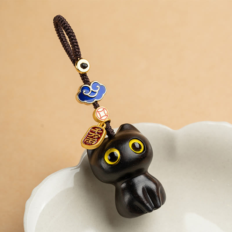 Nimara Ritual Small Leaf Red Sandalwood Ebony Wood Lucky Cat Protection Key Chain Phone Hanging Decoration