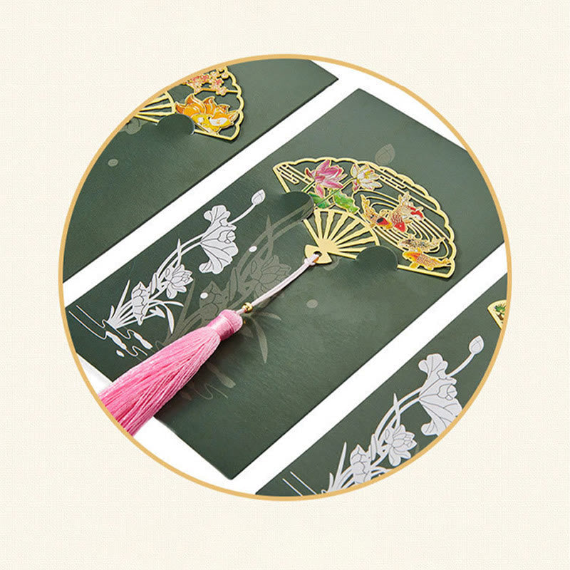 Nimara Ritual Traditional Butterfly Lotus Flower Crane Dragon Phoenix Fox Koi Fish New Beginning Metal Brass Hollow Fan Bookmarks
