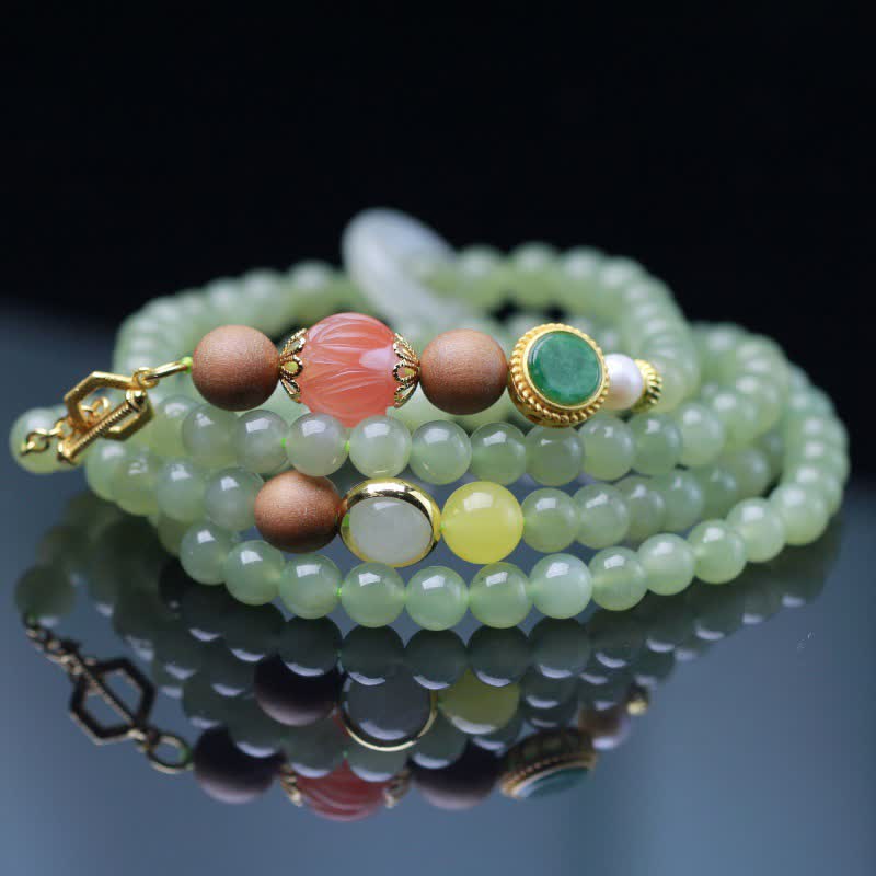 Nimara Ritual Natural Hetian Jade Amber Lotus Red Agate Luck Abundance Bracelet