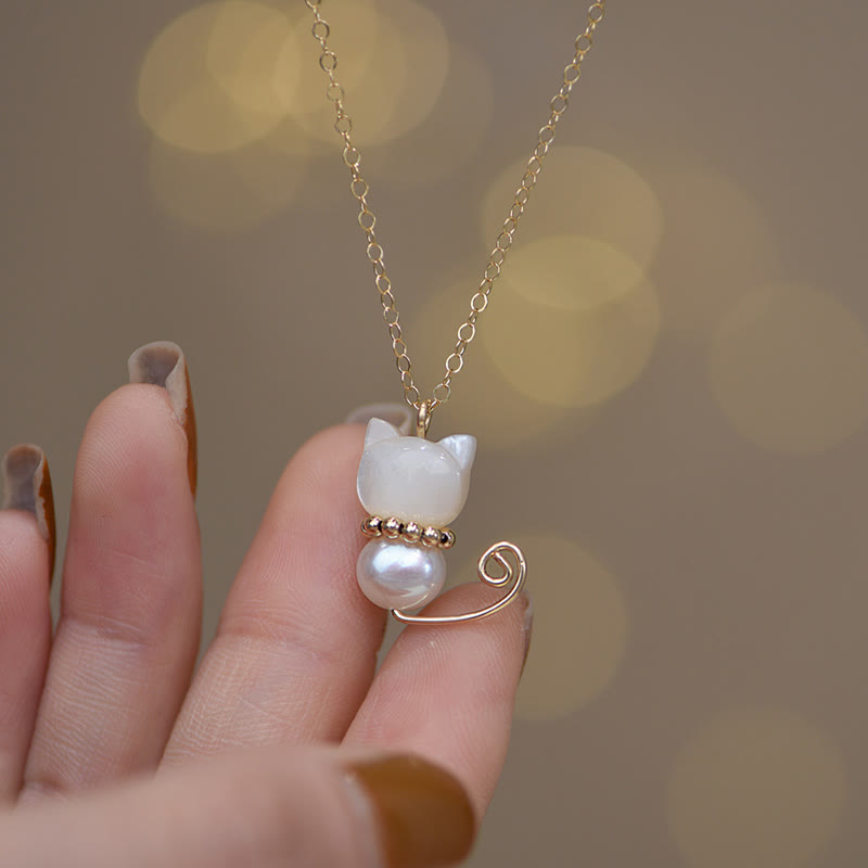 Nimara Ritual 14K Gold Plated Pearl Hetian Jade Shell Luck Cat Kitten Necklace Pendant