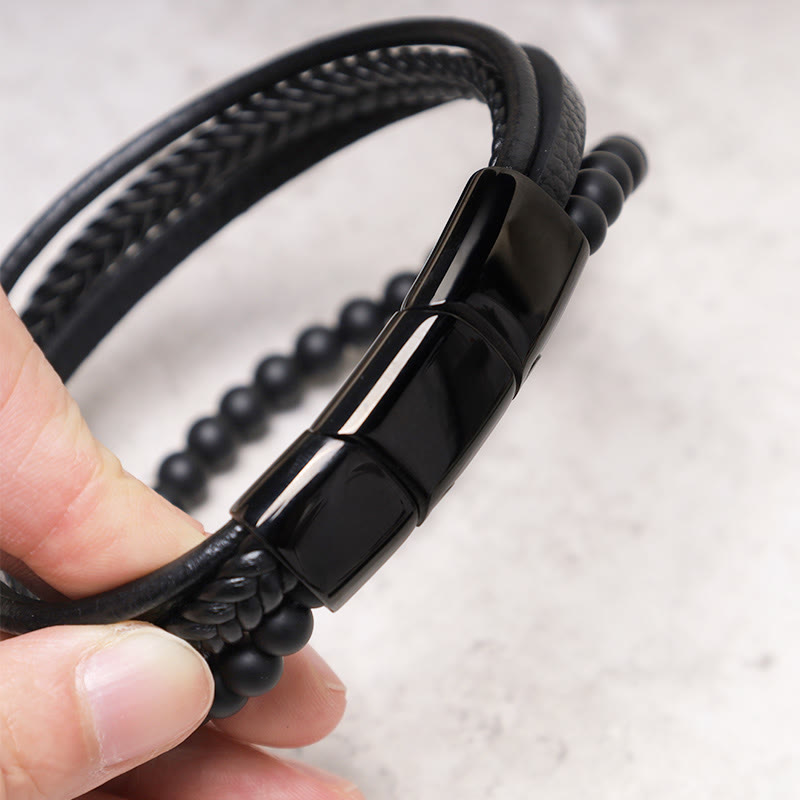 Nimara Ritual Natural Lava Rock Black Onyx Bead Leather Bracelet