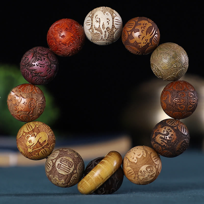 Nimara Ritual Chinese Zodiac Rosewood Green Sandalwood Ebony Wood Copper Coin Carved Calm Bracelet