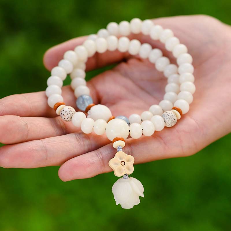 Nimara Ritual Tibetan White Jade Bodhi Lotus Blessing Bracelet