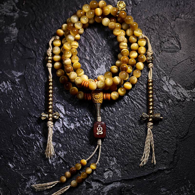 Nimara Ritual 108 Mala Beads Natural Tiger Eye Copper Dorje Protection Tassel Bracelet