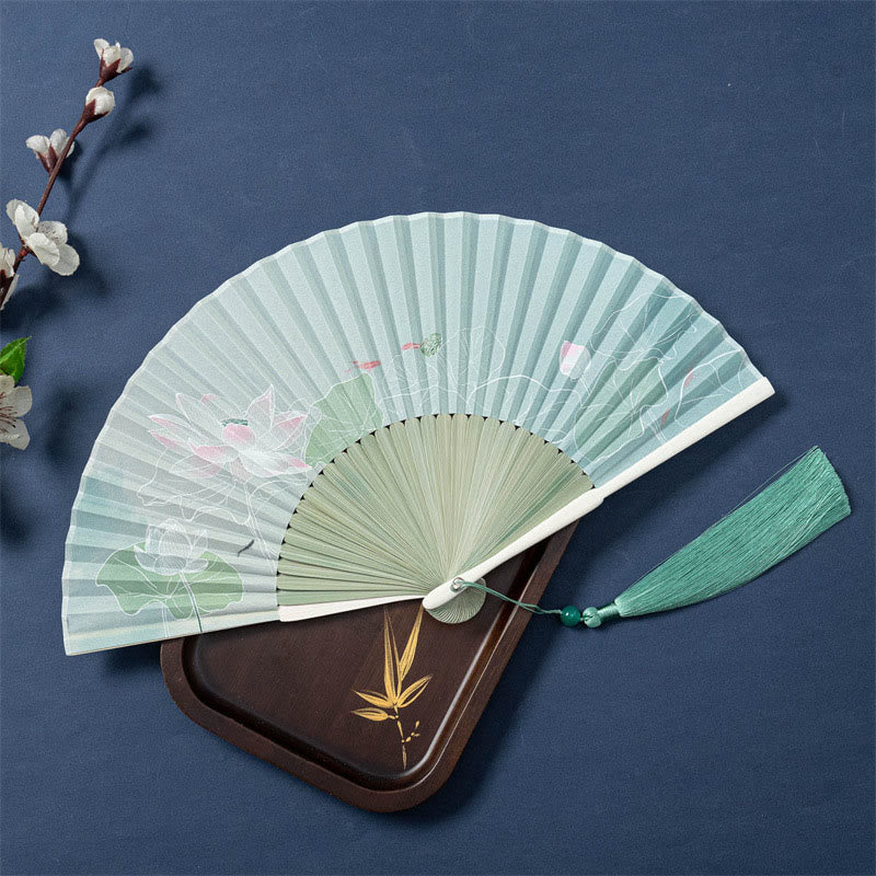 Nimara Ritual Lotus Begonia Flower Jasmine Handheld Bamboo Folding Fan 21cm