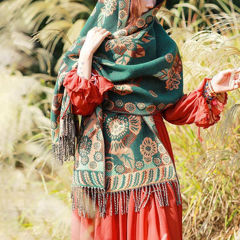 Nimara Ritual Tibetan Flower Floral Leaves Pattern Design Shawl Cozy Travel Scarf Wrap