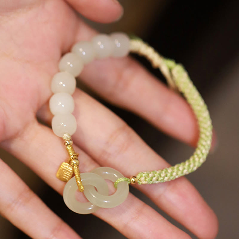 Nimara Ritual Natural Hetian Jade Bead Double Peace Buckle Fu Character Abundance Braided Bracelet