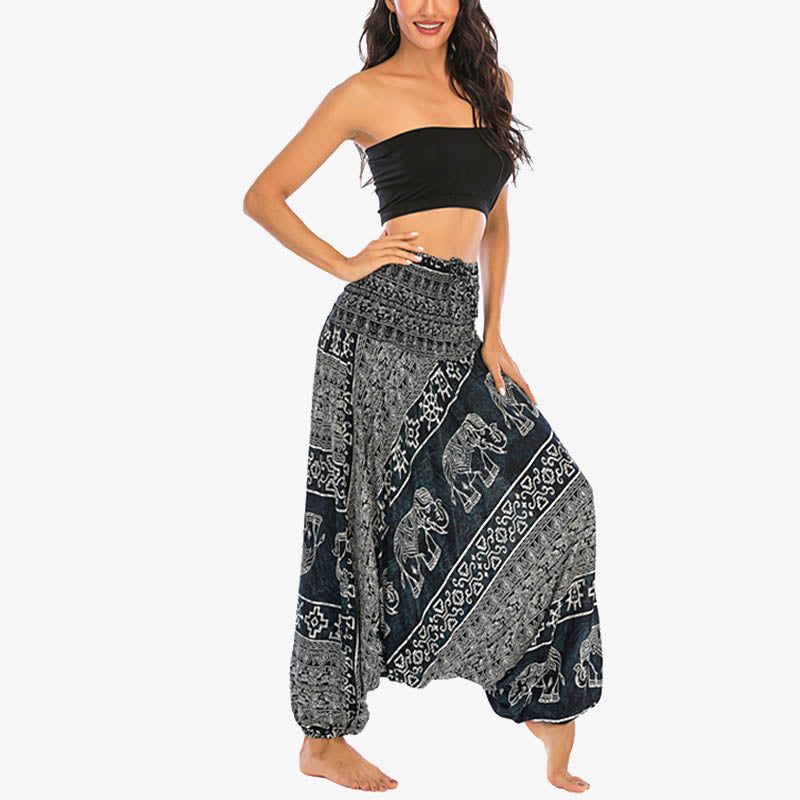 Nimara Ritual Two Style Wear Elephant Pattern Loose Smocked Harem Trousers Jumpsuit Women's Yoga Pants