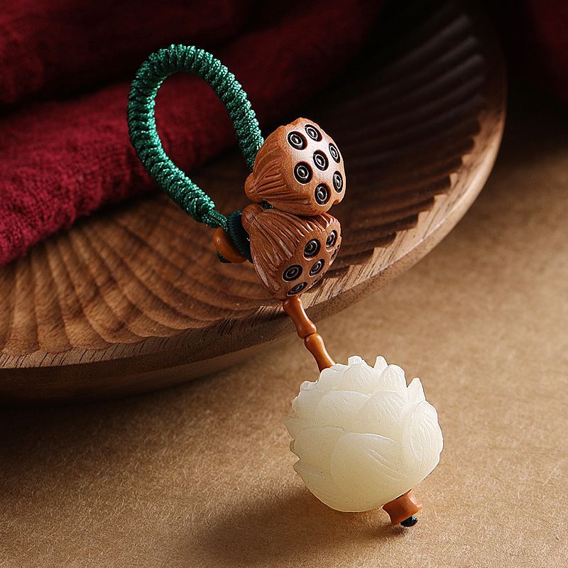 Nimara Ritual Lotus Natural White Bodhi Seed Peach Wood Luck Keychain Decoration