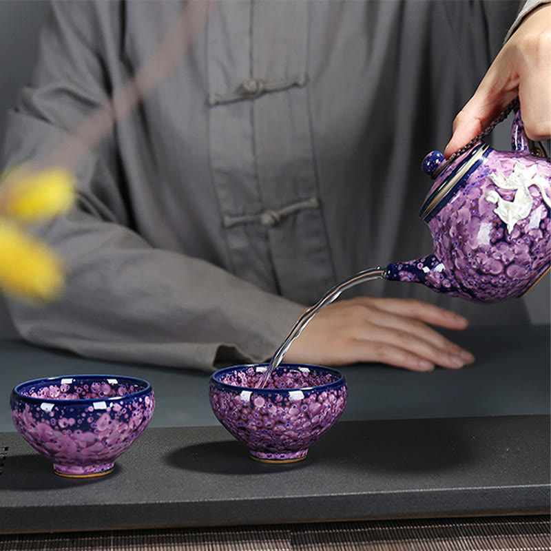 Nimara Ritual Colorful Iris Flowers Chinese Jianzhan Kiln Change Porcelain Teacup Tenmoku Kung Fu Tea Cup