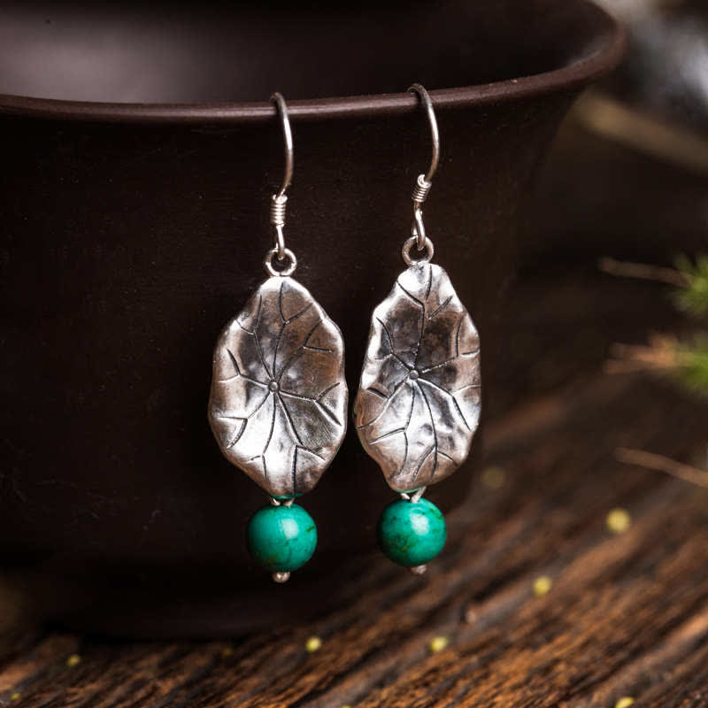 Nimara Ritual 925 Sterling Silver Turquoise Lotus Leaf Protection Drop Dangle Earrings