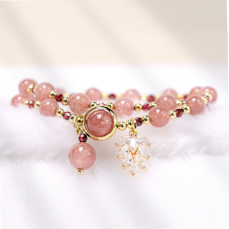 Nimara Ritual Natural Strawberry Quartz Love Healing Maple Leaf Charm Double Wrap Bracelet