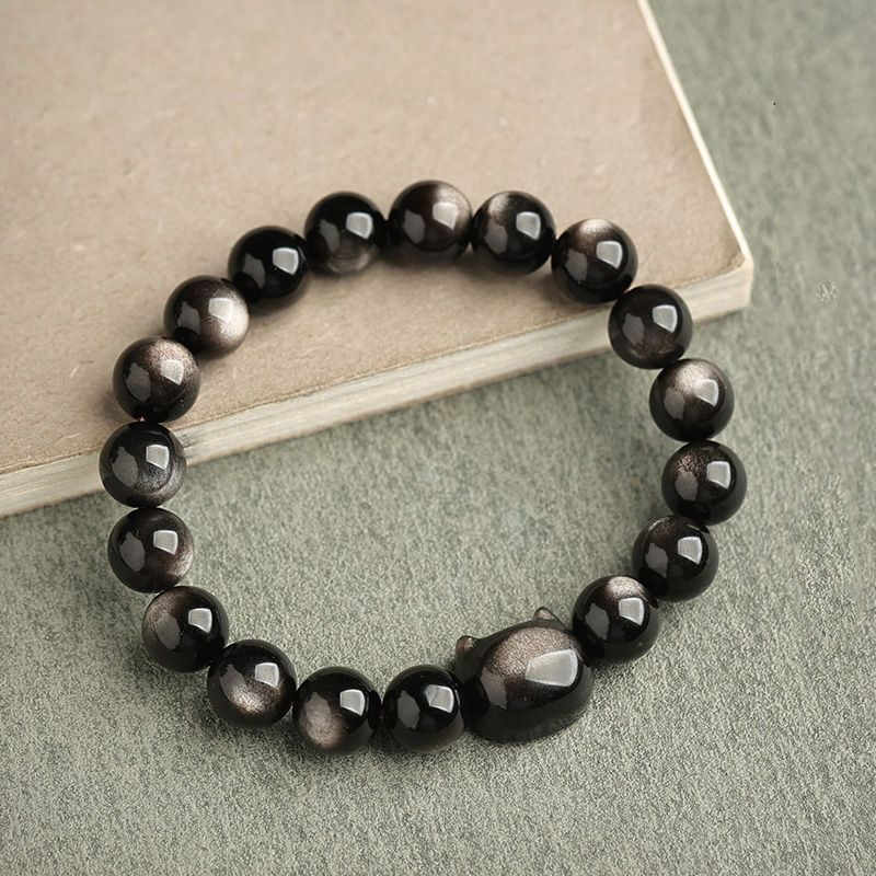 Nimara Ritual Gold Sheen Obsidian Silver Sheen Obsidian Lovely Paw Lucky Cat Protection Bracelet
