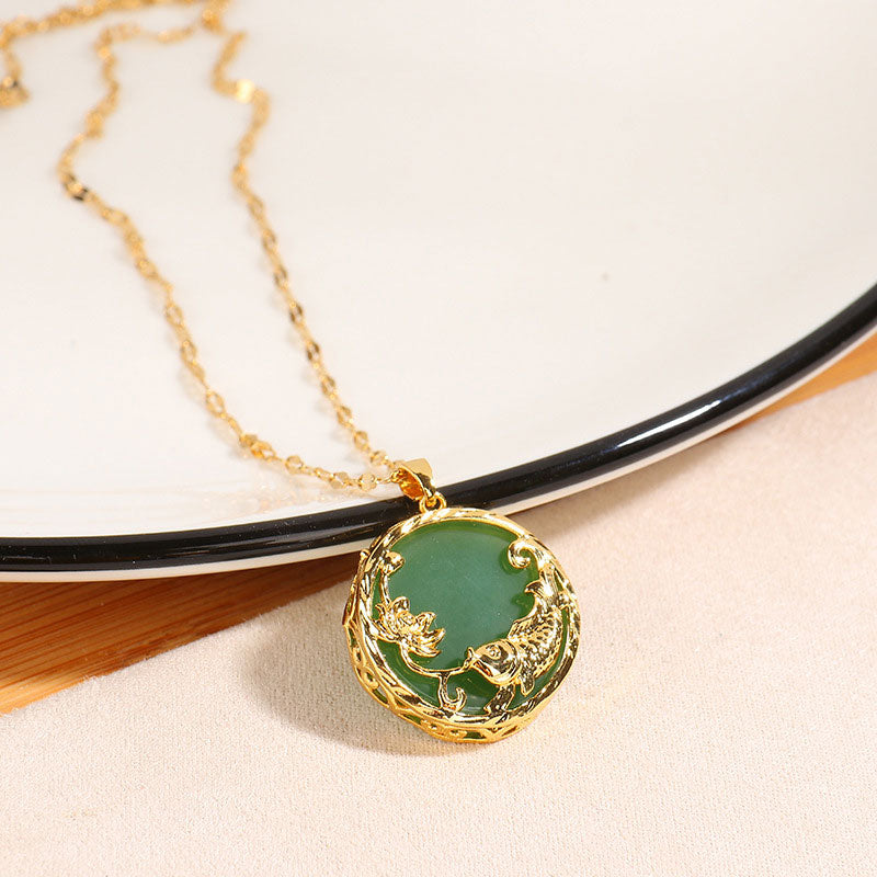 Nimara Ritual Natural Jade Koi Fish Lotus Luck Necklace Pendant