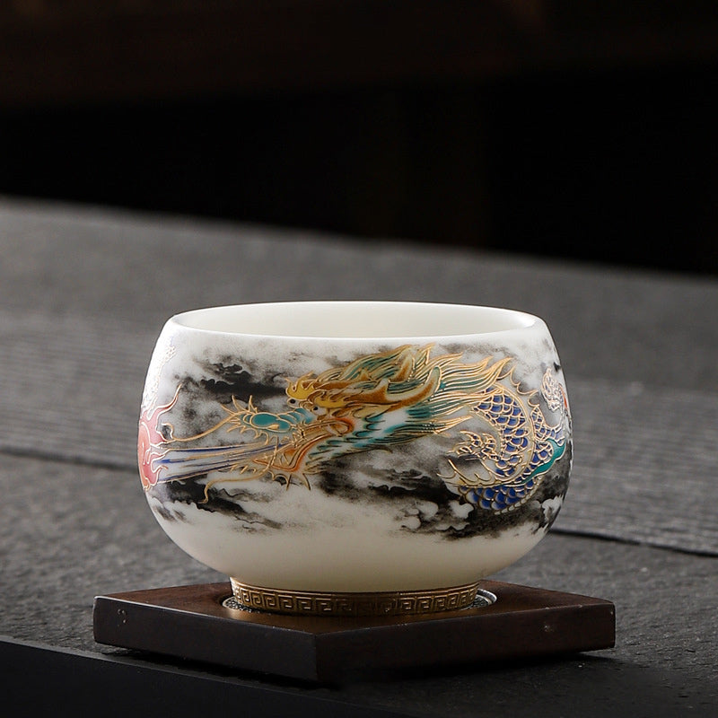 Nimara Ritual Dragon Playing With Pearl Design White Porcelain Ceramic Teacup Kung Fu Tea Cup 160ml