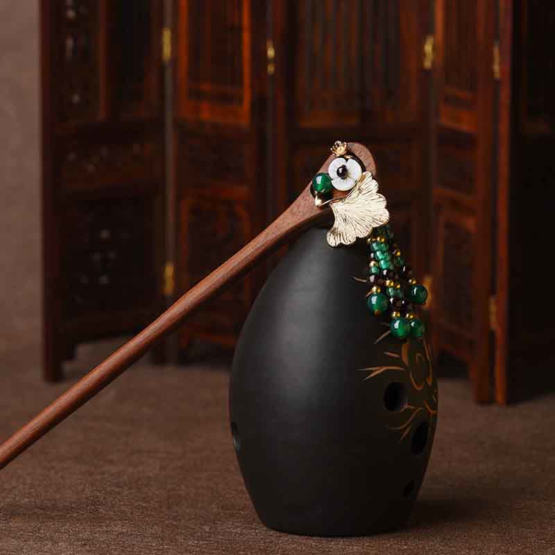 Nimara Ritual Red Sandalwood Green Agate Ginkgo Leaf Protection Hairpin