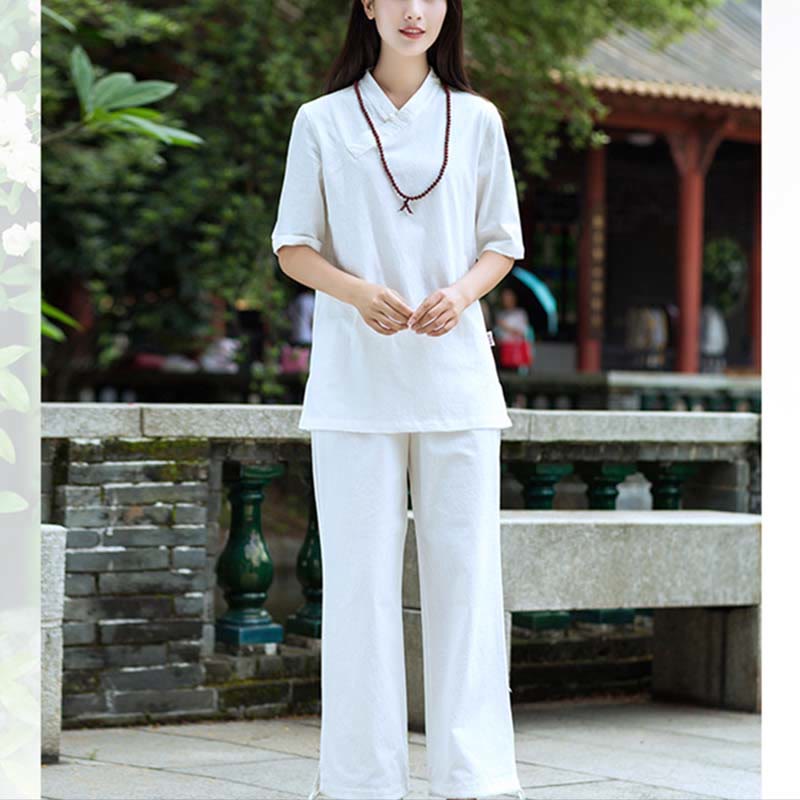 Nimara Ritual 2Pcs Half Sleeve V-Neck Shirt Top Pants Meditation Zen Tai Chi Linen Clothing Women's Set