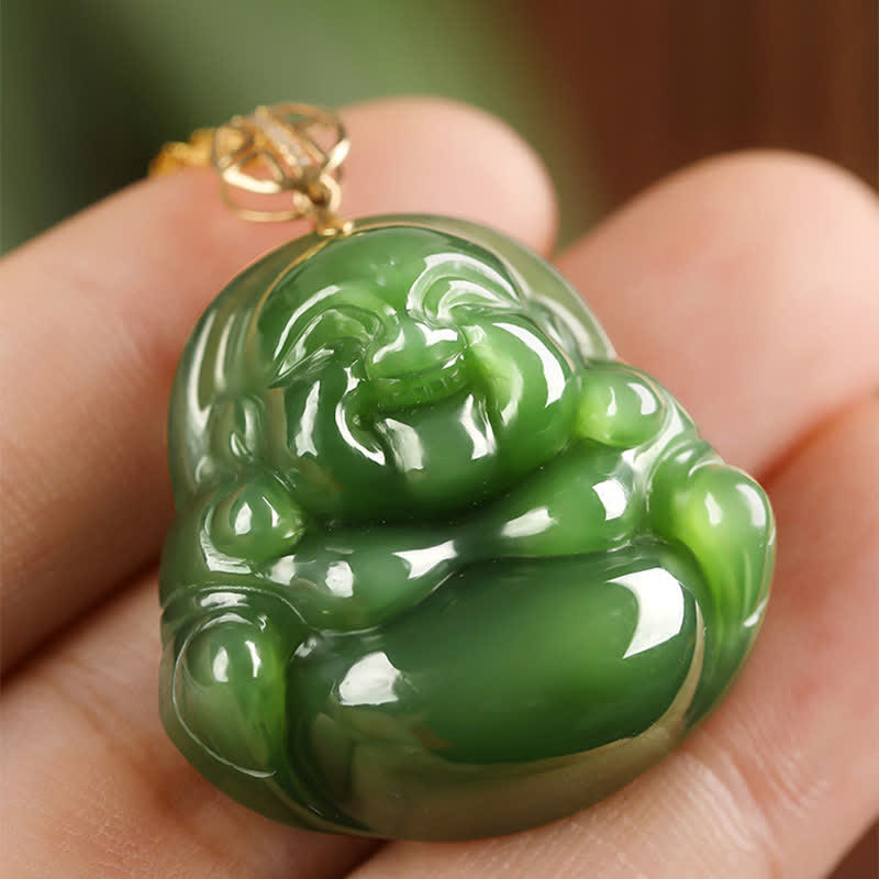 Nimara Ritual 925 Sterling Silver Laughing Buddha Hetian Cyan Jade 18K Gold Success Necklace Chain Pendant