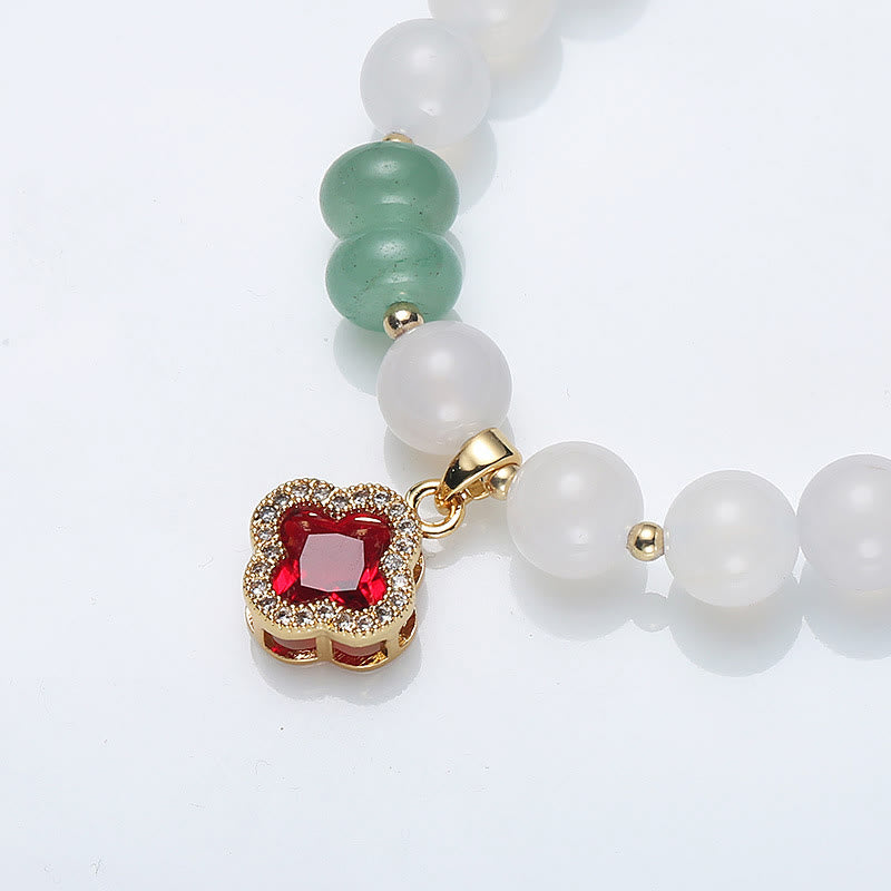 Nimara Ritual Natural White Agate Red Agate Money Bag Fu Character Four Leaf Clover Protection Bracelet