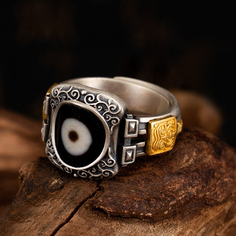 Nimara Ritual 925 Sterling Silver Zakiram Goddess of Wealth Design Dzi Bead Protection Ring