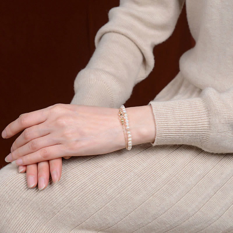 Nimara Ritual 925 Sterling Silver Plated 14k Gold Natural Pearl Crystal Healing Double Layer Bracelet