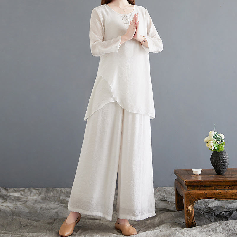 Nimara Ritual 2Pcs Frog-Button Long Sleeve Shirt Wide Leg Pants Meditation Cotton Linen Clothing