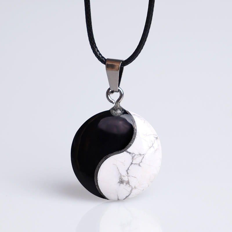 Nimara Ritual Natural Black Obsidian White Turquoise Yin Yang Transformation Rope Necklace Pendant
