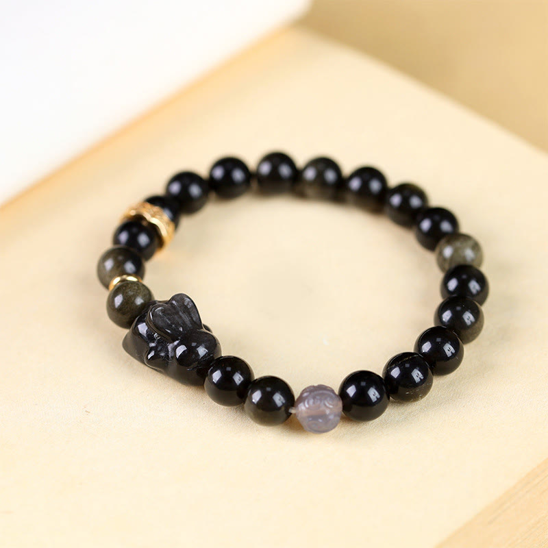 Nimara Ritual Gold Sheen Obsidian Black Obsidian Silver Sheen Obsidian Cute Rabbit Protection Bracelet