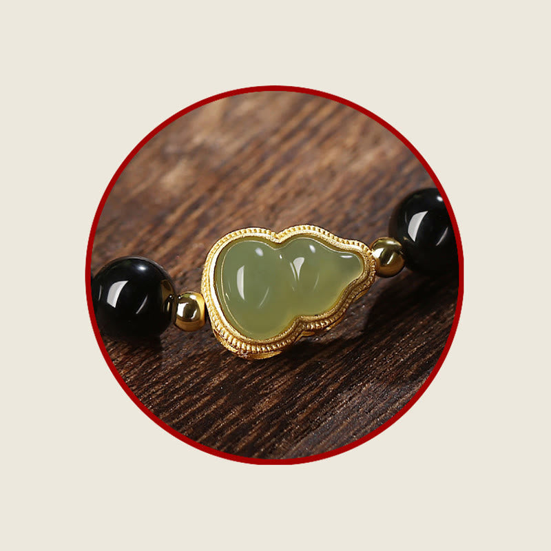 Nimara Ritual Natural Black Obsidian Hetian Jade Gourd Double Happiness Strength Bracelet
