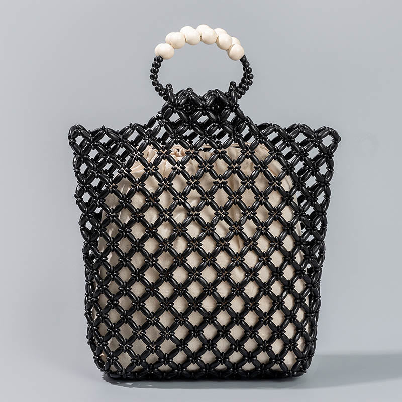 Nimara Ritual Hand-woven Fishing Line Braiding Mesh Hollow Wooden Beads Handbag