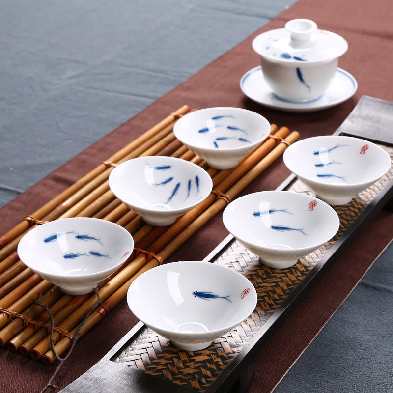 Nimara Ritual Jingdezhen Blue and White Porcelain Koi Fish Ceramic Teacup Kung Fu Tea Cups