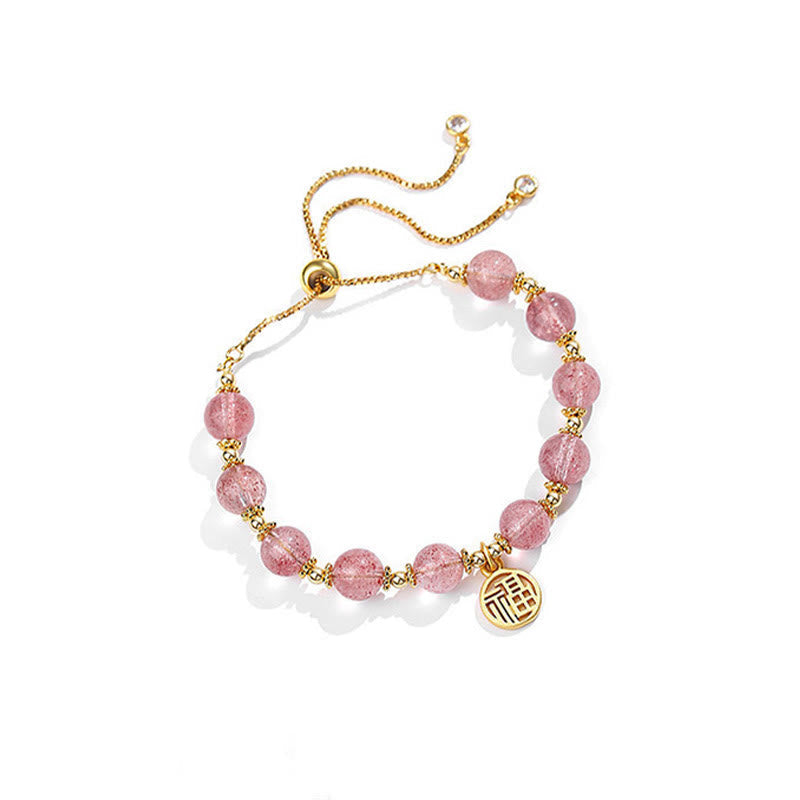 Nimara Ritual 14K Gold Plated Natural Strawberry Quartz Fu Character Positive Charm Bracelet