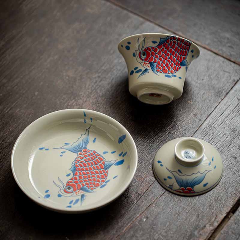 Nimara Ritual Koi Fish Arowana Ceramic Gaiwan Sancai Teacup Kung Fu Tea Cup With Lid 130ml