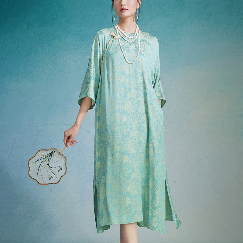 Nimara Ritual Small Flower Leaf Jacquard Chinese Cheongsam Qipao Midi Dress With Pockets