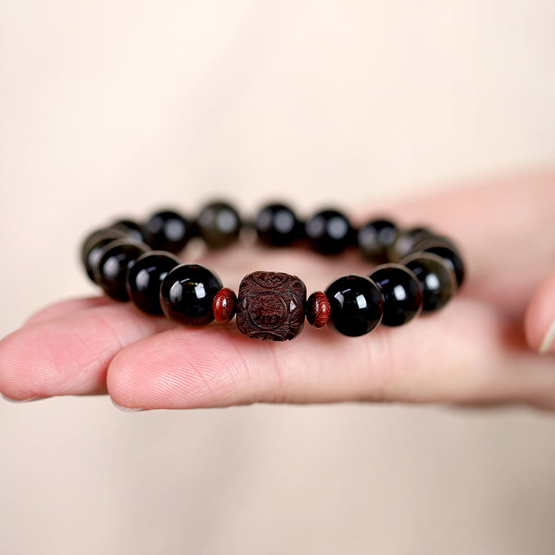 Nimara Ritual Natural Gold Sheen Obsidian Rainbow Obsidian Om Mani Padme Hum Fu Character Healing Bracelet