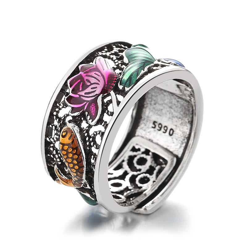 Nimara Ritual Copper Blue Enamel Lotus Heart Sutra Koi Fish Luck Ring