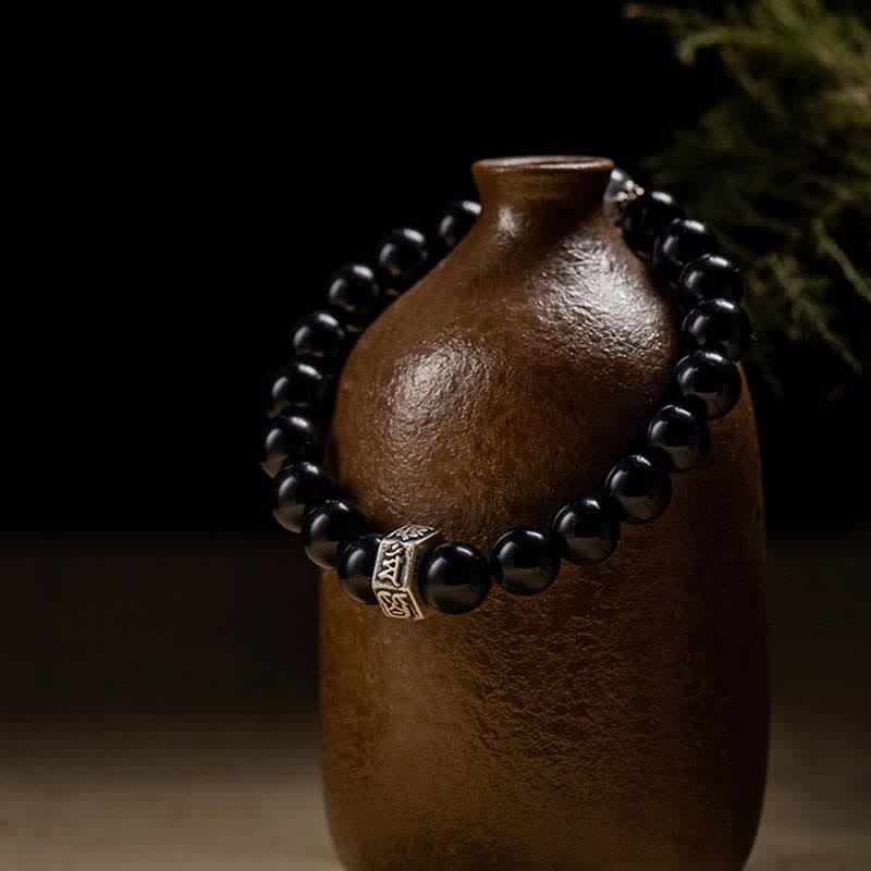 Nimara Ritual Chinese Zodiac Natal Buddha 925 Sterling Silver Black Obsidian Moonstone Strength Bracelet