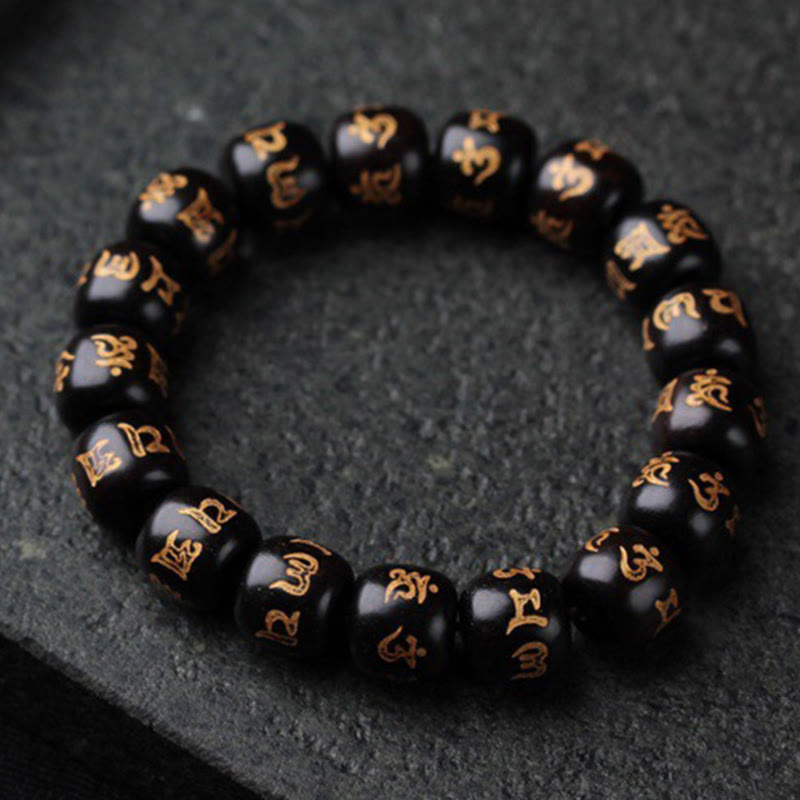 Nimara Ritual Tibetan Ebony Wood Om Mani Padme Hum Engraved Peace Bracelet