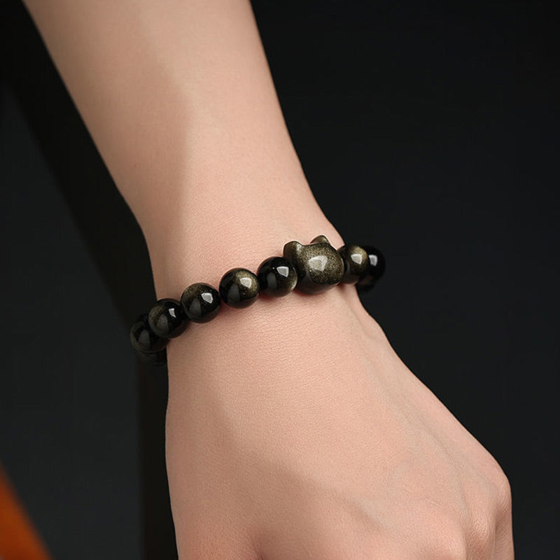 Nimara Ritual Gold Sheen Obsidian Silver Sheen Obsidian Lovely Paw Lucky Cat Protection Bracelet