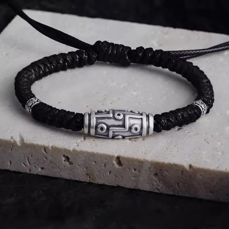 Nimara Ritual 999 Sterling Silver Nine-Eye Dzi Bead Pattern Blessing Rope Bracelet