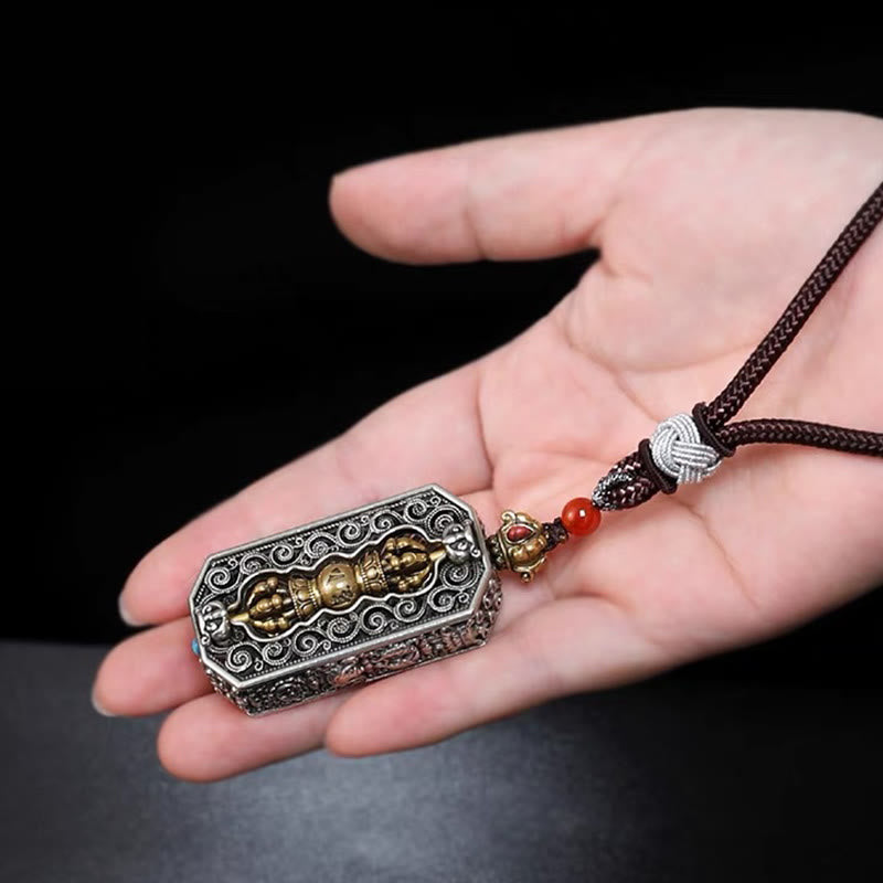 Nimara Ritual Tibetan Om Mani Padme Hum Carved Dorje Vajra Rotatable Lotus Pattern Purity Rope Necklace Pendant