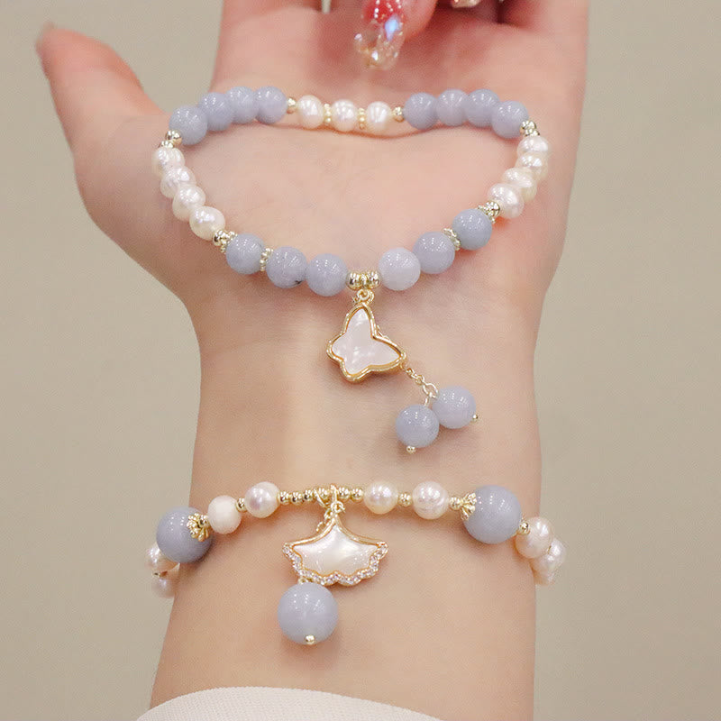 Nimara Ritual Natural Aquamarine Pearl Healing Ginkgo Leaf Butterfly Charm Bracelet