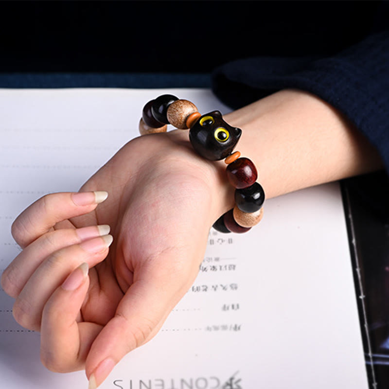 Nimara Ritual Small Leaf Red Sandalwood Ebony Wood Cute Cat Engraved Protection Bracelet