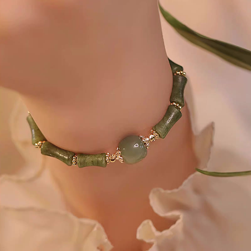 Nimara Ritual 14K Copper Plated Peridot Hetian Jade Bamboo Pattern Luck Bracelet