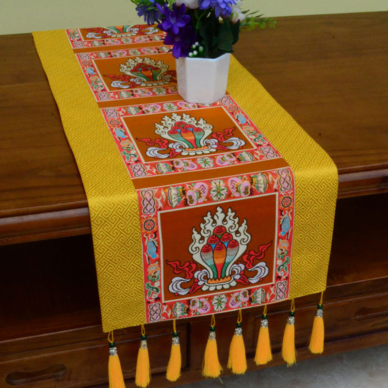Nimara Ritual Prayer Altar Mat Man-Bcu Kalachakra Endless Knot Vajra Tibetan Auspicious Symbols Tassels Table Runner