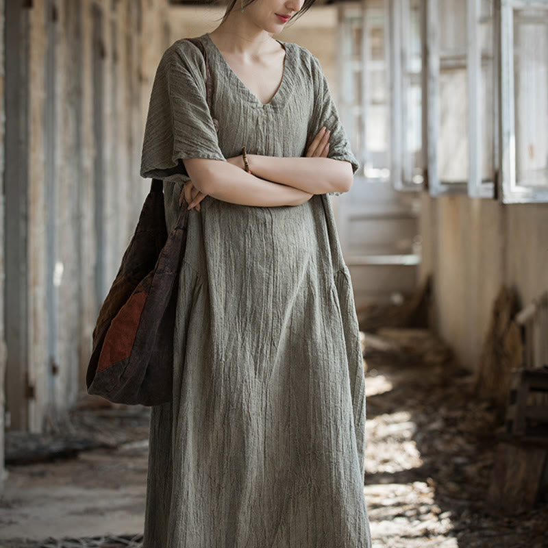 Nimara Ritual Handmade Tie Dye V-Neck Midi Dress Linen Short Sleeve Dress
