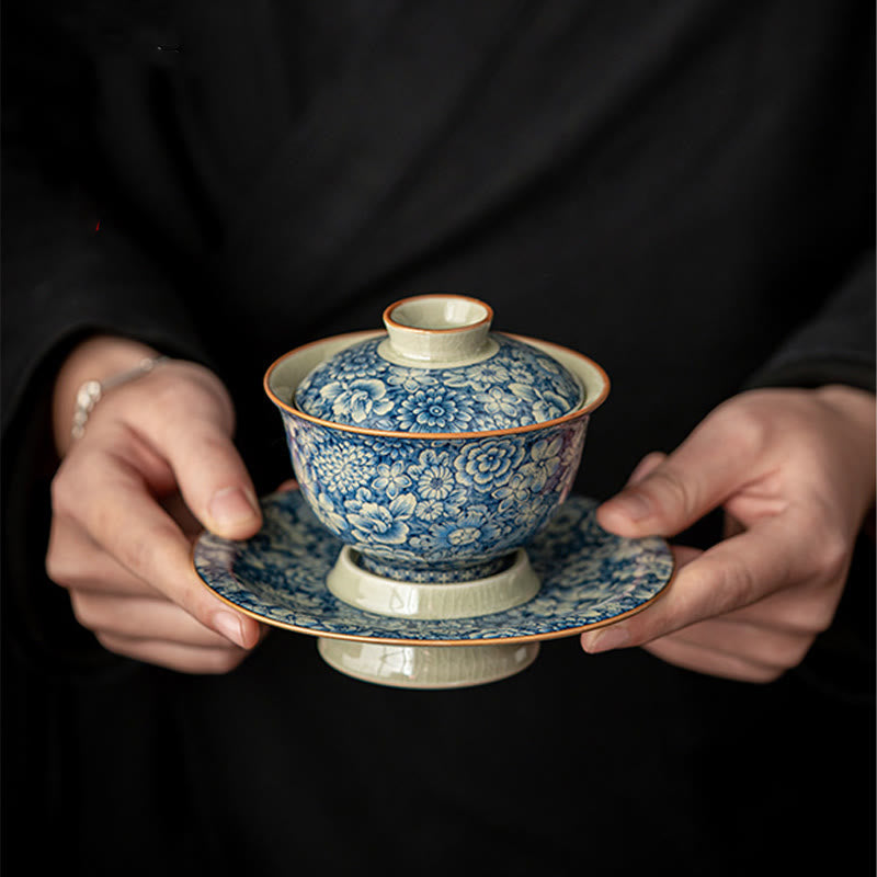 Nimara Ritual Vintage Blue And White Porcelain Peach Blossom Lotus Peony Ceramic Gaiwan Sancai Teacup Kung Fu Tea Cup And Saucer With Lid